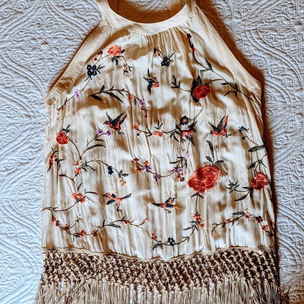 Anthropologie floral embroidered tank with fringe